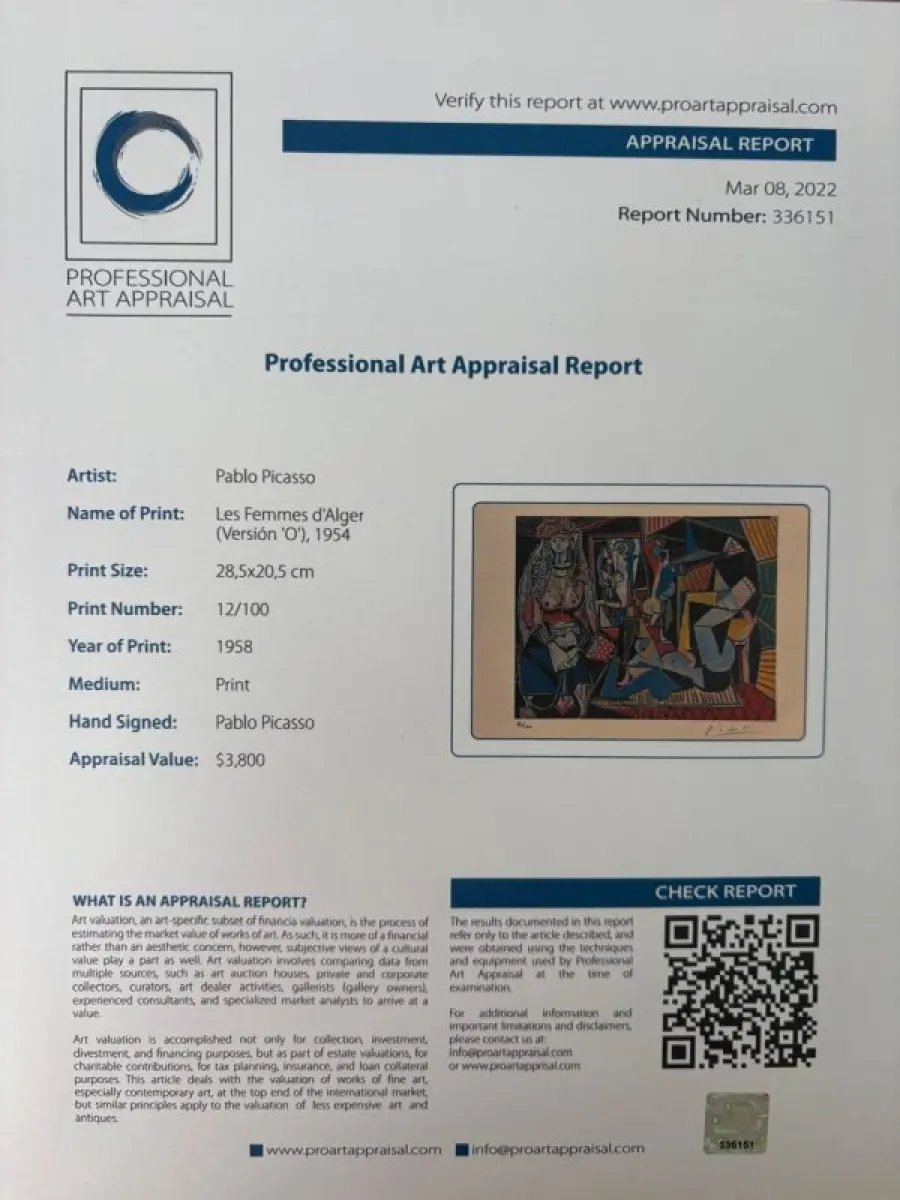 LOTE 000 - OBRA DE ARTE – LES FEMMES D'ALGER (Version 'O') – ARTISTA – PABLO PICASSO  – Quadro Copia Autentica.