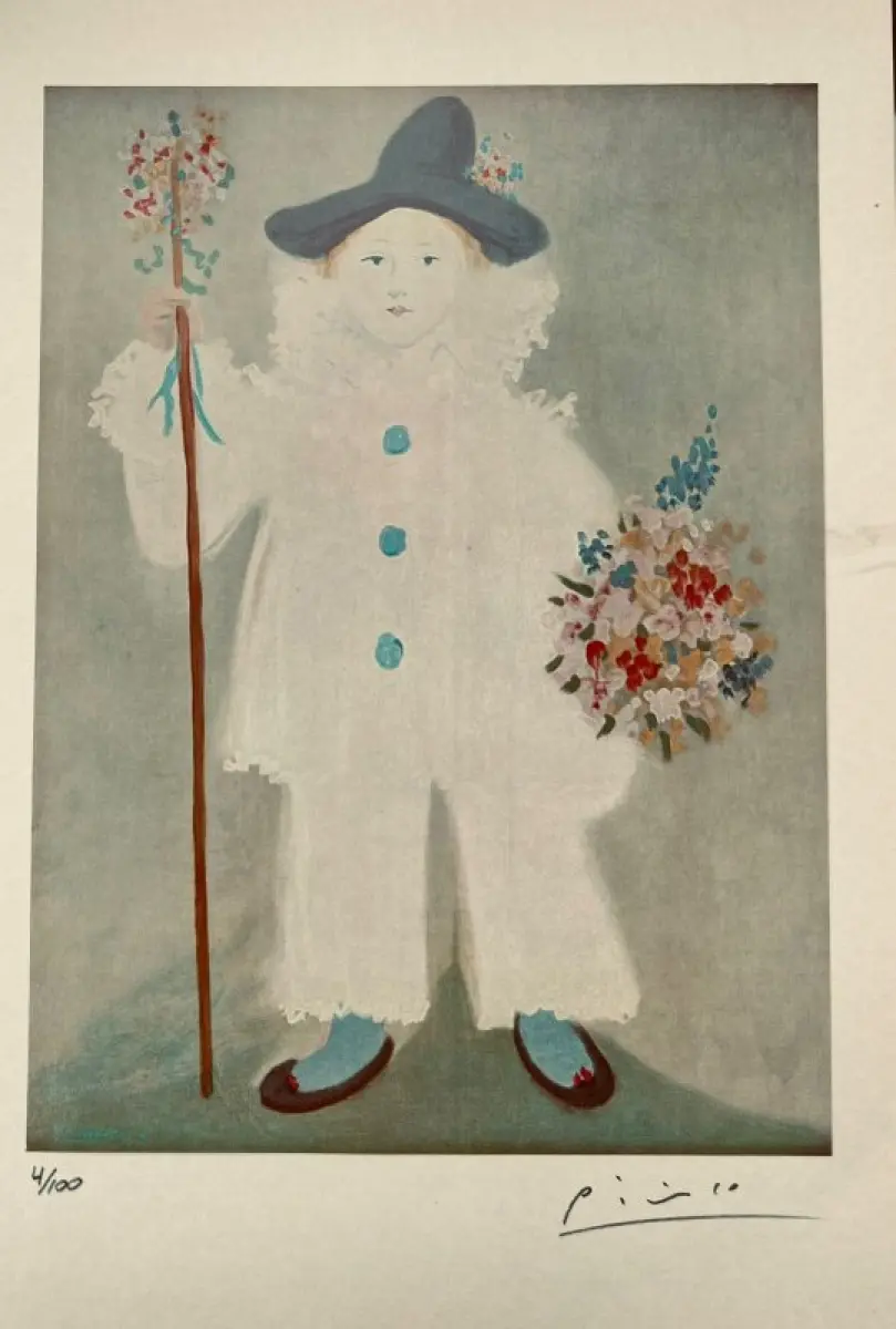 LOTE 001 - BEM – OBRA DE ARTE – PORTRAIT OF PAUL IN PIERROT – ARTISTA – PABLO PICASSO - Óleo sobre tela – PRINT SIZE - 28,5 x 20,50. Quadro Copia Autentica.