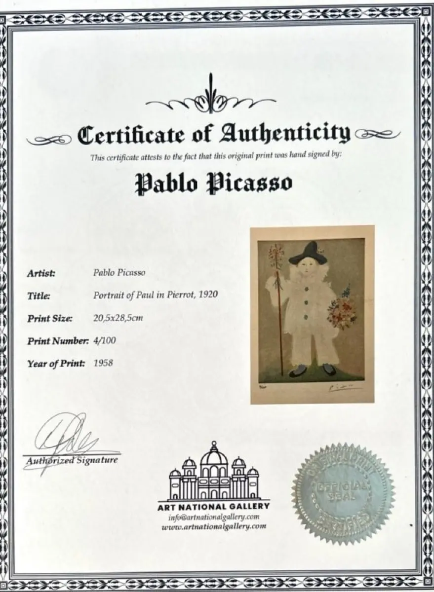 LOTE 001 - BEM – OBRA DE ARTE – PORTRAIT OF PAUL IN PIERROT – ARTISTA – PABLO PICASSO - Óleo sobre tela – PRINT SIZE - 28,5 x 20,50. Quadro Copia Autentica.