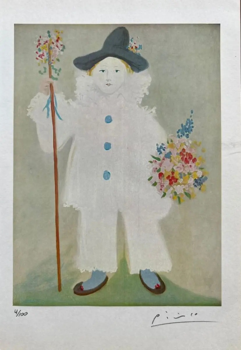 LOTE 001 - BEM – OBRA DE ARTE – PORTRAIT OF PAUL IN PIERROT – ARTISTA – PABLO PICASSO - Óleo sobre tela – PRINT SIZE - 28,5 x 20,50. Quadro Copia Autentica.