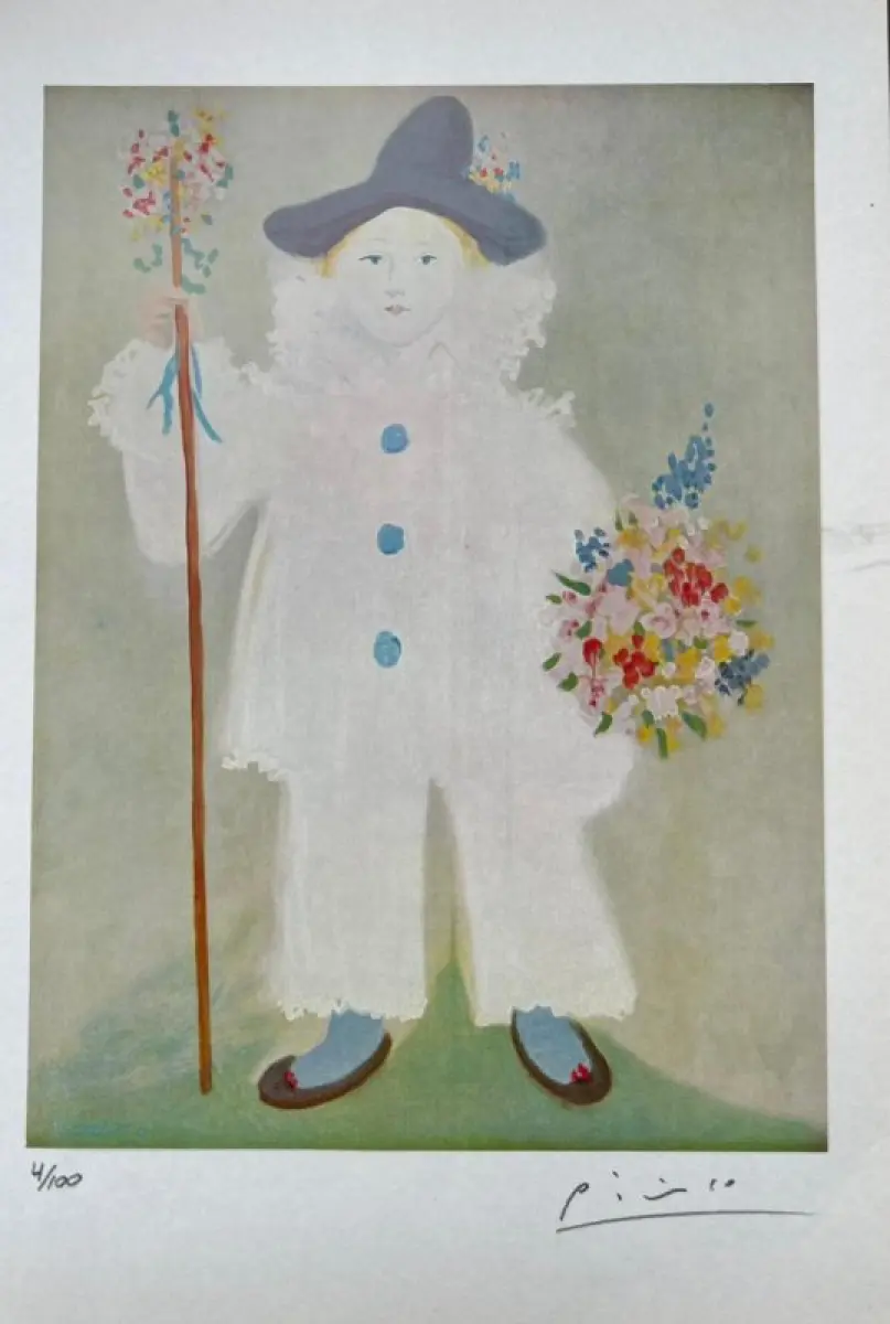 LOTE 001 - BEM – OBRA DE ARTE – PORTRAIT OF PAUL IN PIERROT – ARTISTA – PABLO PICASSO - Óleo sobre tela – PRINT SIZE - 28,5 x 20,50. Quadro Copia Autentica.