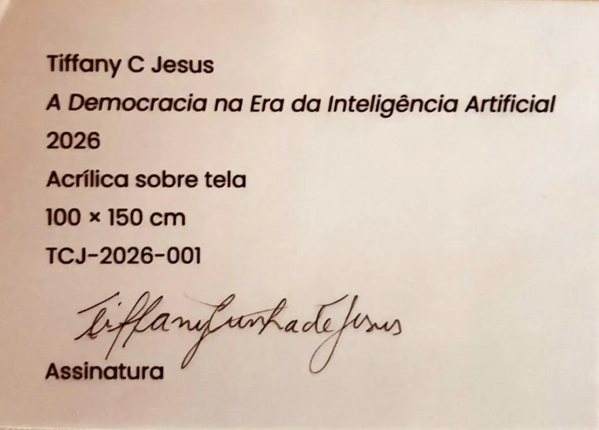LOTE 000 - OBRA DE ARTE – A DEMOCRACIA NA ERA DA INTELIGÊNCIA ARTIFICIAL – ARTISTA – TIFFANY C JESUS - ACRÍLICO SOBRE TELA DE ALGODÃO – PRINT SIZE - 100 x 150 CM