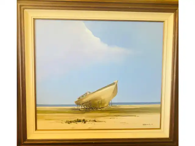 OBRA DE ARTE – MARINHA COM BARCO – ARTISTA – CALDERARI - Óleo sobre tela – PRINT SIZE – 0,80 x 0,92. - YEAR OF PRINT - 1994
